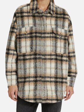 Good American Women's Black Wool Plaid Oversized Button-Up Shirt Jacket Size 1/2